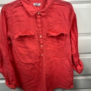 Old Navy Linen Blouse Minimalist Quarter Button Cuffed Sleeve XL Rebellion Red